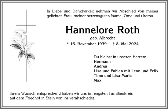 Traueranzeige von Hannelore Roth von Allgäuer Anzeigeblatt