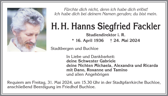 Traueranzeige von Hanns Siegfried Fackler von Allgäuer Zeitung, Kaufbeuren/Buchloe