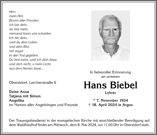 Traueranzeige von Hans Biebel von Allgäuer Anzeigeblatt