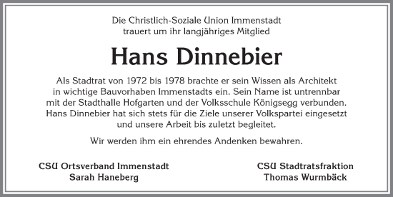 Traueranzeige von Hans Dinnebier von Allgäuer Anzeigeblatt