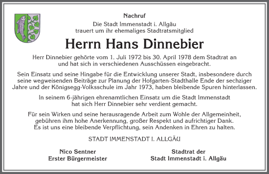 Traueranzeige von Hans Dinnebier von Allgäuer Anzeigeblatt