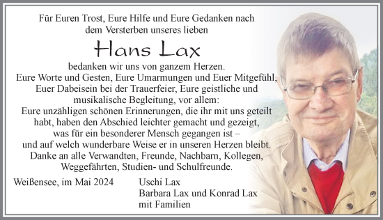 Traueranzeige von Hans Lax von Allgäuer Zeitung, Füssen