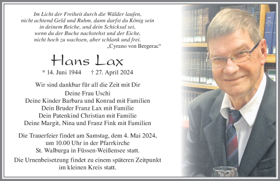 Traueranzeige von Hans Lax von Allgäuer Zeitung, Füssen