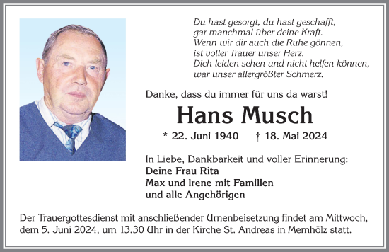 Traueranzeige von Hans Musch von Allgäuer Zeitung,Kempten