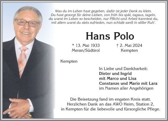 Traueranzeige von Hans Polo von Allgäuer Zeitung,Kempten