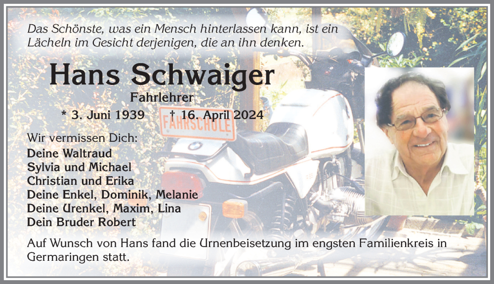  Traueranzeige für Hans Schwaiger vom 04.05.2024 aus Allgäuer Zeitung, Kaufbeuren/Buchloe
