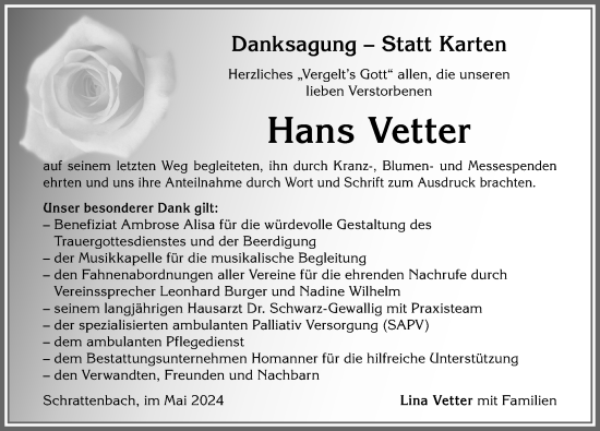 Traueranzeige von Hans Vetter von Allgäuer Zeitung,Kempten