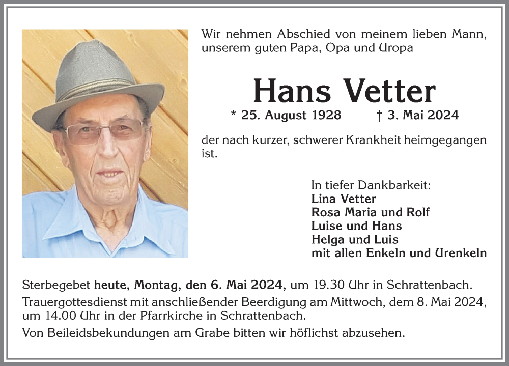  Traueranzeige für Hans Vetter vom 06.05.2024 aus Allgäuer Zeitung,Kempten