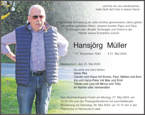 Traueranzeige von Hansjörg Müller von Der Westallgäuer