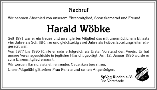 Traueranzeige von Harald Wöbke von Allgäuer Zeitung, Kaufbeuren/Buchloe