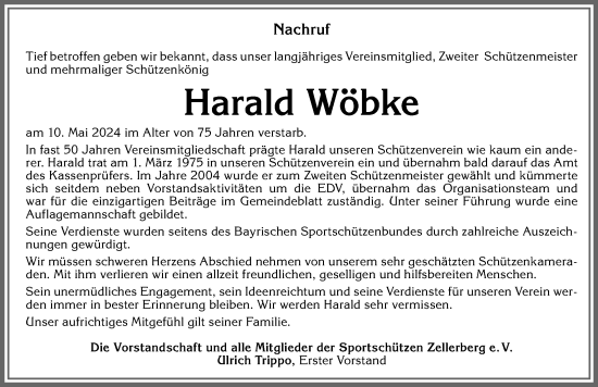 Traueranzeige von Harald Wöbke von Allgäuer Zeitung, Kaufbeuren/Buchloe