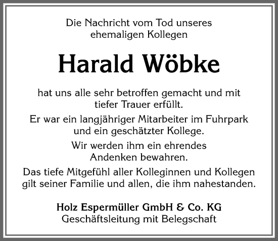 Traueranzeige von Harald Wöbke von Allgäuer Zeitung, Kaufbeuren/Buchloe