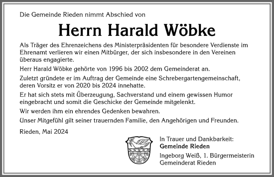 Traueranzeige von Harald Wöbke von Allgäuer Zeitung, Kaufbeuren/Buchloe