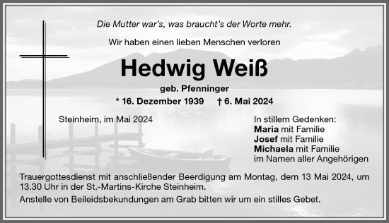 Traueranzeige von Hedwig Weiß von Memminger Zeitung