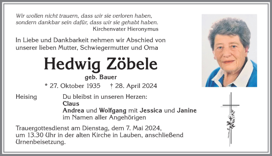 Traueranzeige von Hedwig Zöbele von Allgäuer Zeitung,Kempten