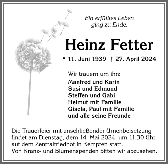 Traueranzeige von Heinz Fetter von Allgäuer Zeitung,Kempten