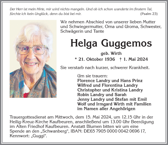 Traueranzeige von Helga Guggemos von Allgäuer Zeitung, Kaufbeuren/Buchloe