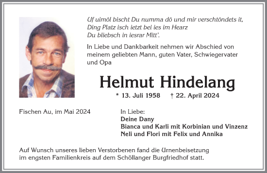 Traueranzeige von Helmut Hindelang von Allgäuer Anzeigeblatt