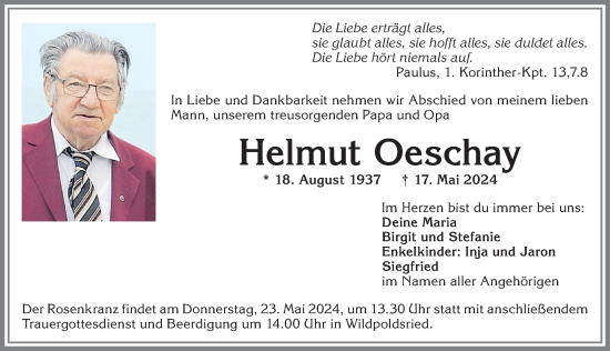Traueranzeige von Helmut Oeschay von Allgäuer Zeitung,Kempten