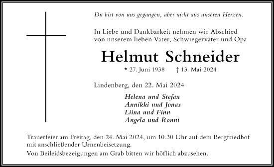 Traueranzeige von Helmut Schneider von Der Westallgäuer