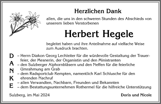 Traueranzeige von Herbert Hegele von Allgäuer Zeitung,Kempten
