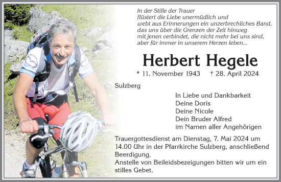 Traueranzeige von Herbert Hegele von Allgäuer Zeitung,Kempten