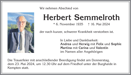 Traueranzeige von Herbert Semmelroth von Allgäuer Zeitung,Kempten