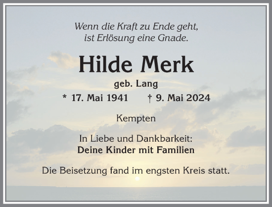 Traueranzeige von Hilde Merk von Allgäuer Zeitung,Kempten