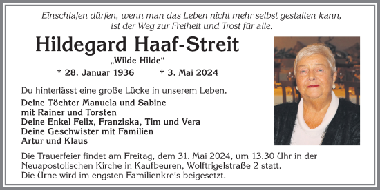 Traueranzeige von Hildegard Haaf-Streit von Allgäuer Zeitung, Kaufbeuren/Buchloe