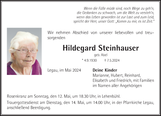 Traueranzeige von Hildegard Steinhauser von Memminger Zeitung