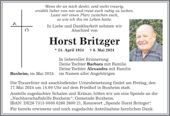 Traueranzeige von Horst Britzger von Memminger Zeitung