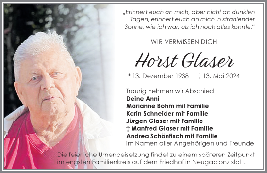 Traueranzeige von Horst Glaser von Allgäuer Zeitung, Kaufbeuren/Buchloe