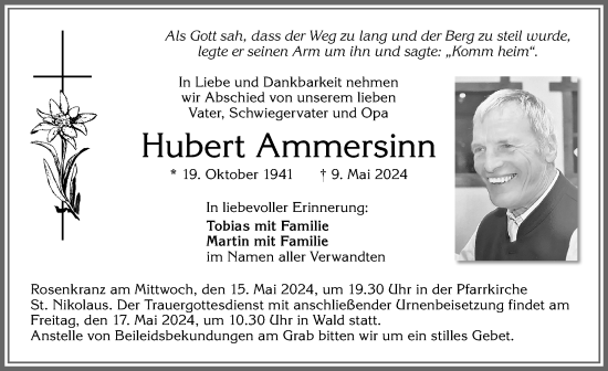 Traueranzeige von Hubert Ammersinn von Allgäuer Zeitung, Marktoberdorf