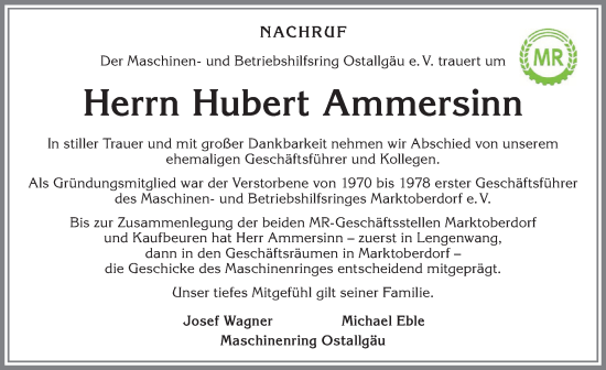 Traueranzeige von Hubert Ammersinn von Allgäuer Zeitung, Marktoberdorf