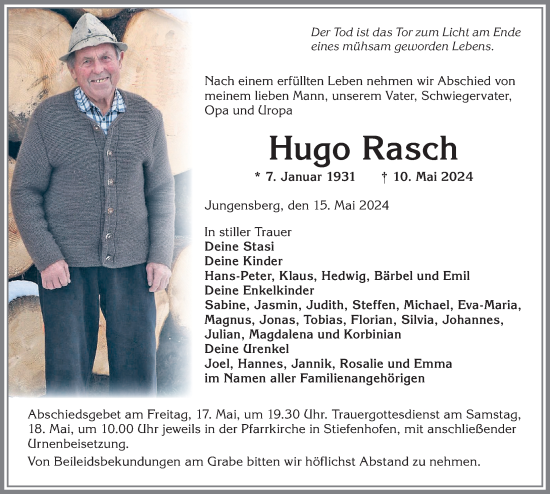 Traueranzeige von Hugo Rasch von Allgäuer Anzeigeblatt