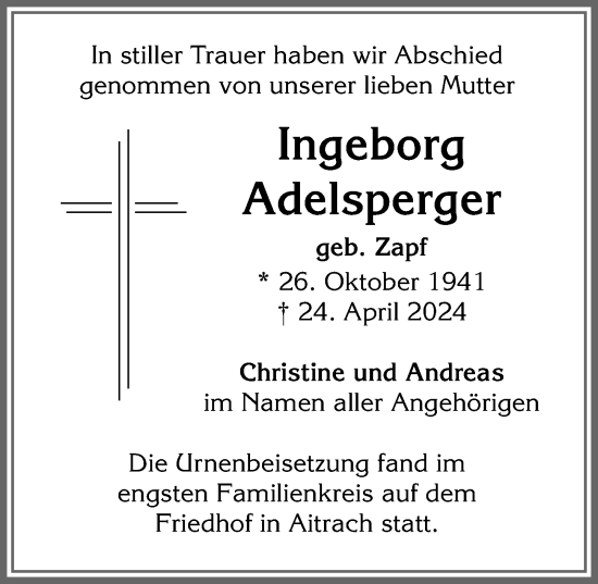 Traueranzeige von Ingeborg Adelsperger von Memminger Zeitung