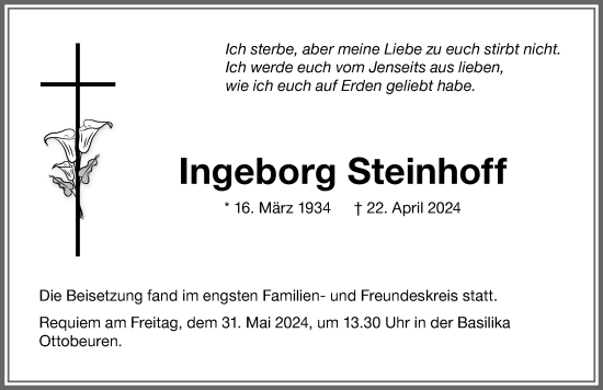 Traueranzeige von Ingeborg Steinhoff von Memminger Zeitung