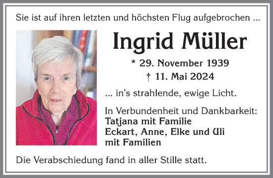Traueranzeige von Ingrid Müller von Allgäuer Zeitung,Kempten