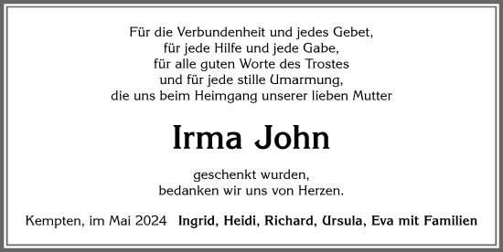 Traueranzeige von Irma John von Allgäuer Zeitung,Kempten