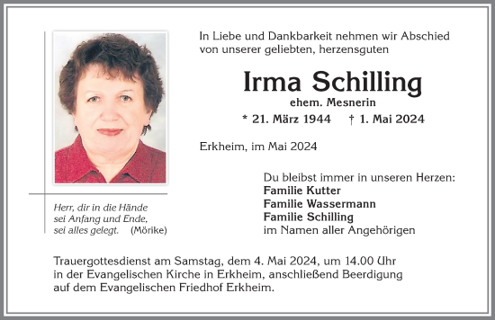 Traueranzeige von Irma Schilling von Memminger Zeitung