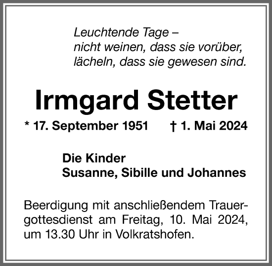 Traueranzeige von Irmgard Stetter von Memminger Zeitung