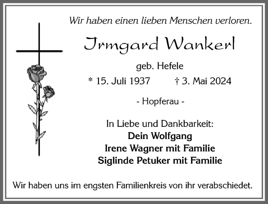 Traueranzeige von Irmgard Wankerl von Allgäuer Zeitung,Kempten