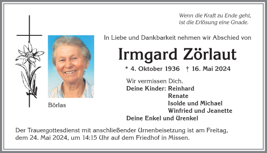 Traueranzeige von Irmgard Zörlaut von Allgäuer Anzeigeblatt