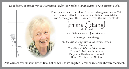 Traueranzeige von Irmina Stangl von Allgäuer Zeitung, Füssen