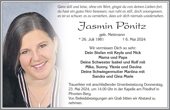 Traueranzeige von Jasmin Pönitz von Allgäuer Zeitung, Füssen