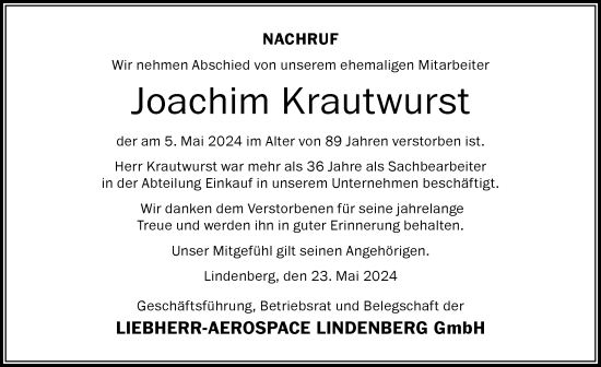 Traueranzeige von Joachim Krautwurst von Der Westallgäuer