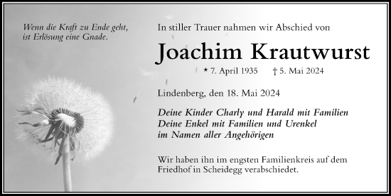 Traueranzeige von Joachim Krautwurst von Der Westallgäuer