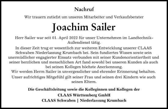 Traueranzeige von Joachim Sailer von Mittelschwäbische Nachrichten, Donau Zeitung, Günzburger Zeitung, Augsburger Allgemeine