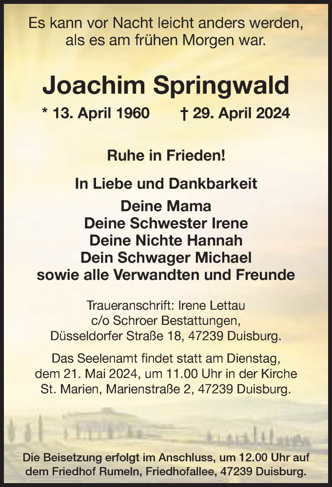  Traueranzeige für Joachim Springwald vom 11.05.2024 aus Allgäuer Zeitung,Kempten