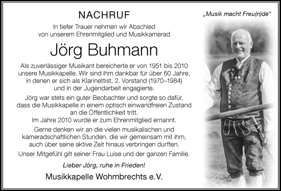 Traueranzeige von Jörg Buhmann von Der Westallgäuer